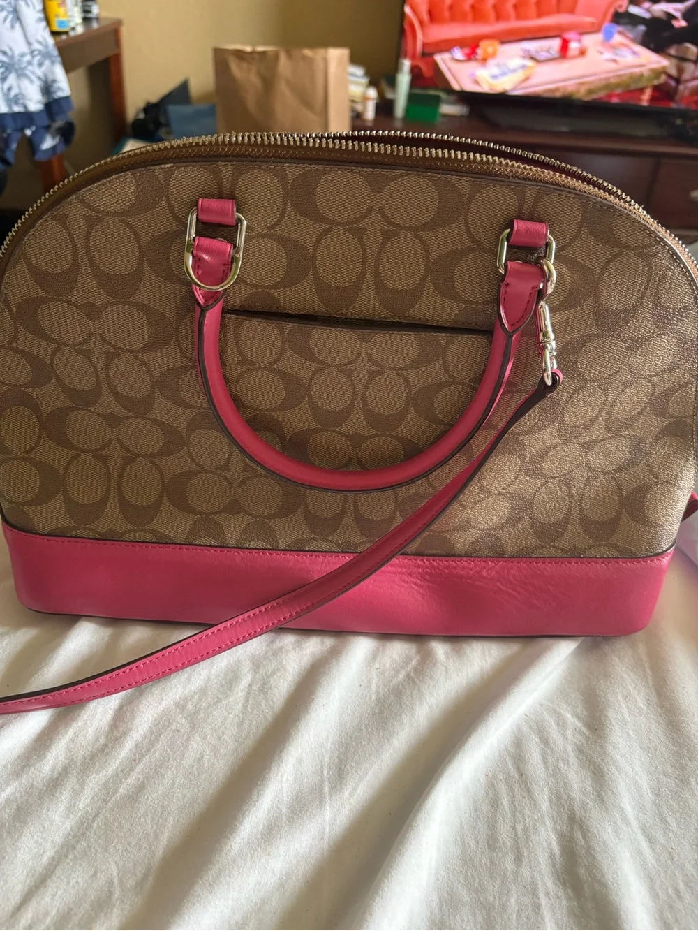 Coach Brown Signature Satchel with Pink Trim